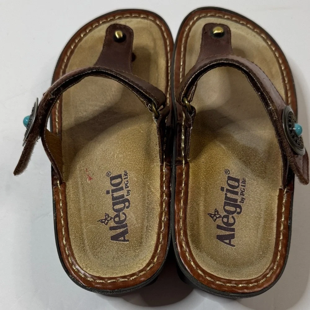 Alegria Carina Brown Leather Thong Sandals with Turquoise Detail